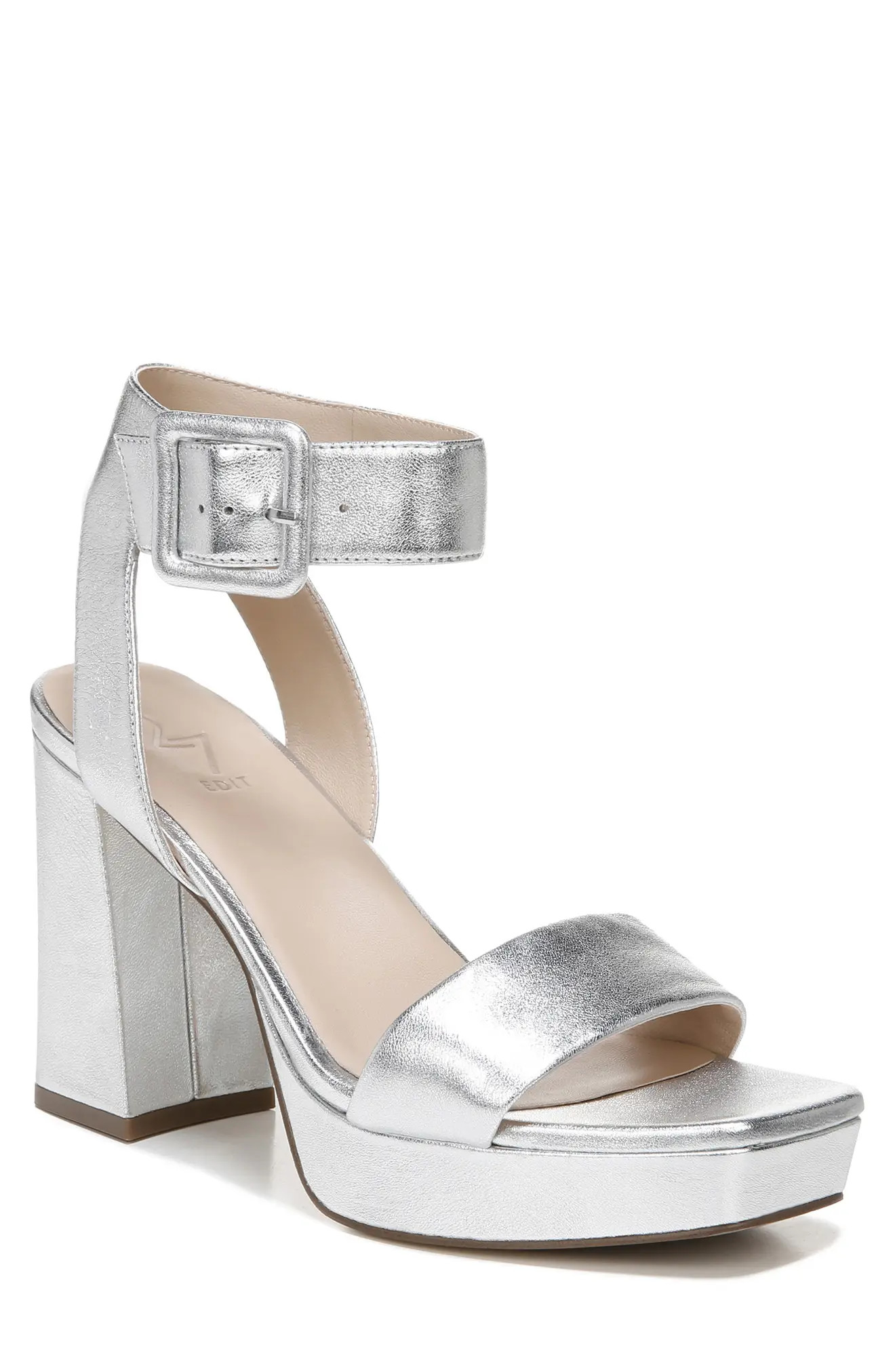27 EDIT Naturalizer Jaselle Platform High Heel Sandal, Size 9.5 in Metallic Leather Silver at Nordst | Nordstrom