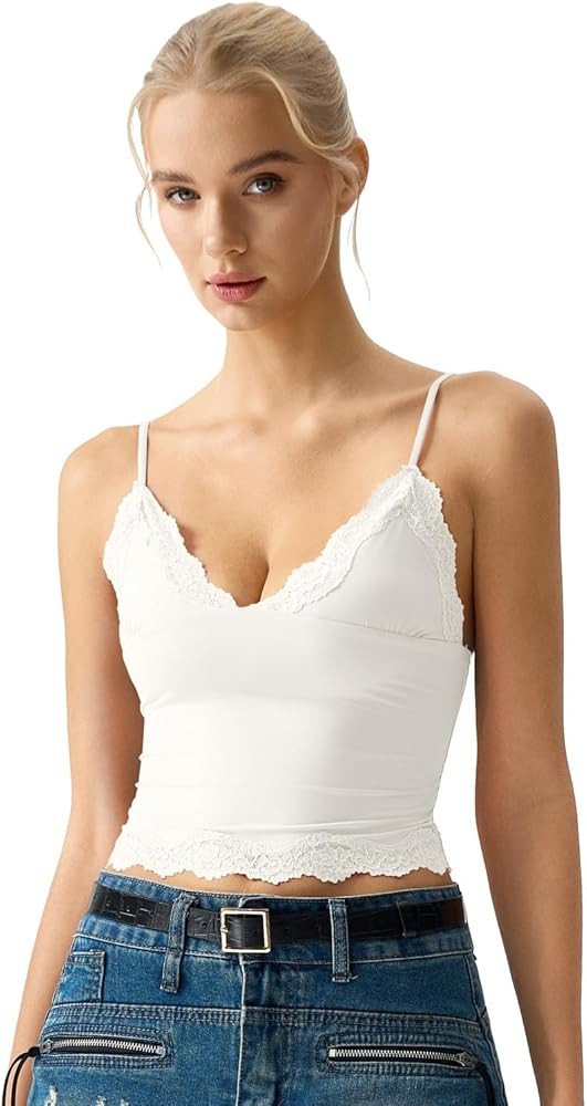 QINSEN V Neck Lace Trim Cami for Womens Spaghetti Straps Slimming Fit Sleeveless Tank Camisole Cr... | Amazon (US)
