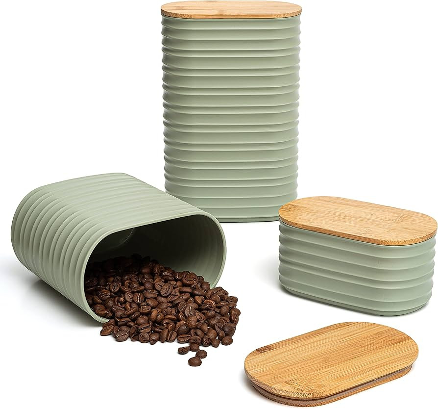 Mixpresso 3 Pcs Olive Green Canisters Sets For The Kitchen, Airtight Plastic Canister With Bamboo... | Amazon (US)
