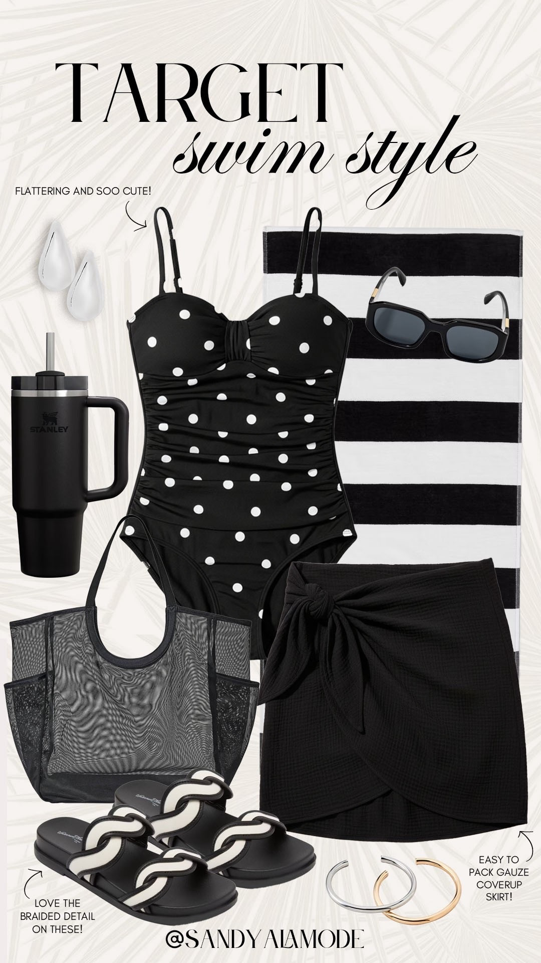 Target swim style. Target resort style. Target fashion. Target new arrivals. Target swim. Target beach outfit. Neutral swim style. Black and white resort outfit. Target black polka dot ruched one piece swimsuit. Black and white striped beach towel. Target mesh packable beach bag. Target black swim coverup skirt. Target new sandals  

#LTKSeasonal #LTKgrwm #LTKootd