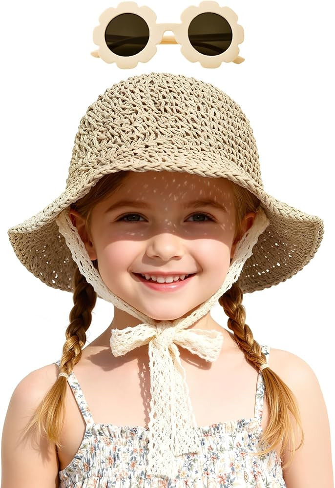 Zando Straw Toddler Sun Hat with Sunglasses Kids Bucket Hat Beach Baby Infant Lace Bowknot Boys Girls Summer Sun Protection | Amazon (US)