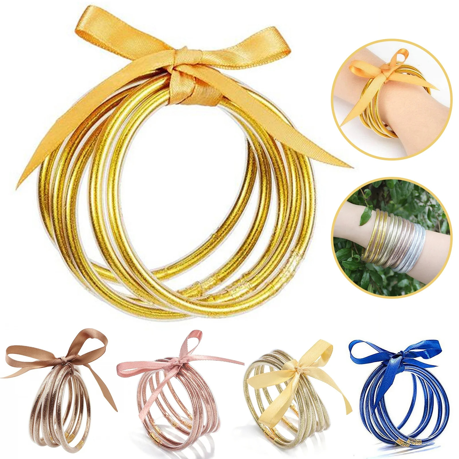 SmartBy Women Bracelets Set Glitter Filled Jelly Bangles Bow-knot Ribbon Jelly Silicone Bracelets... | Walmart (US)