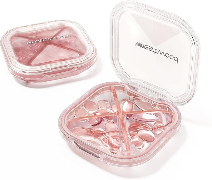 1 Pack Small Pink Pill Organizer, 4 Compartments, Compact Stylish Travel Camping Pill Box Case, P... | Amazon (US)