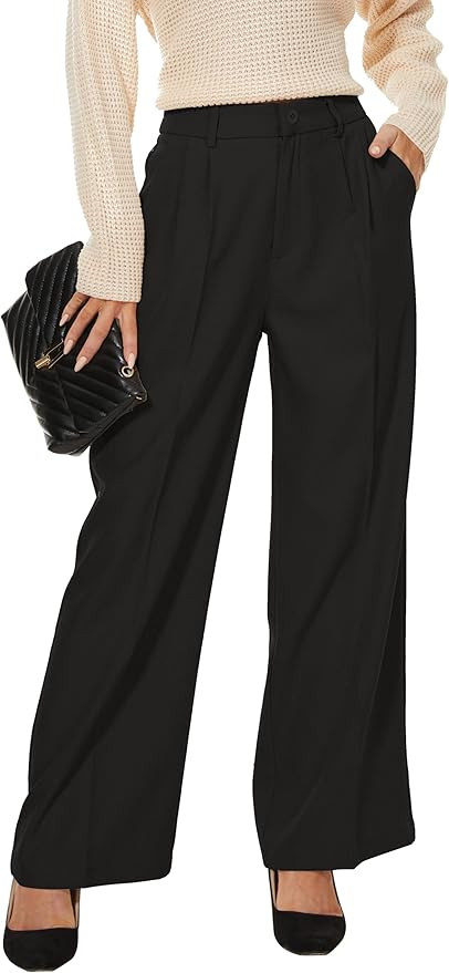 Women Office Wide High Waist Pants Loose Fit Elastic Waist Pleated Front Trousers for Work Casual | Amazon (US)