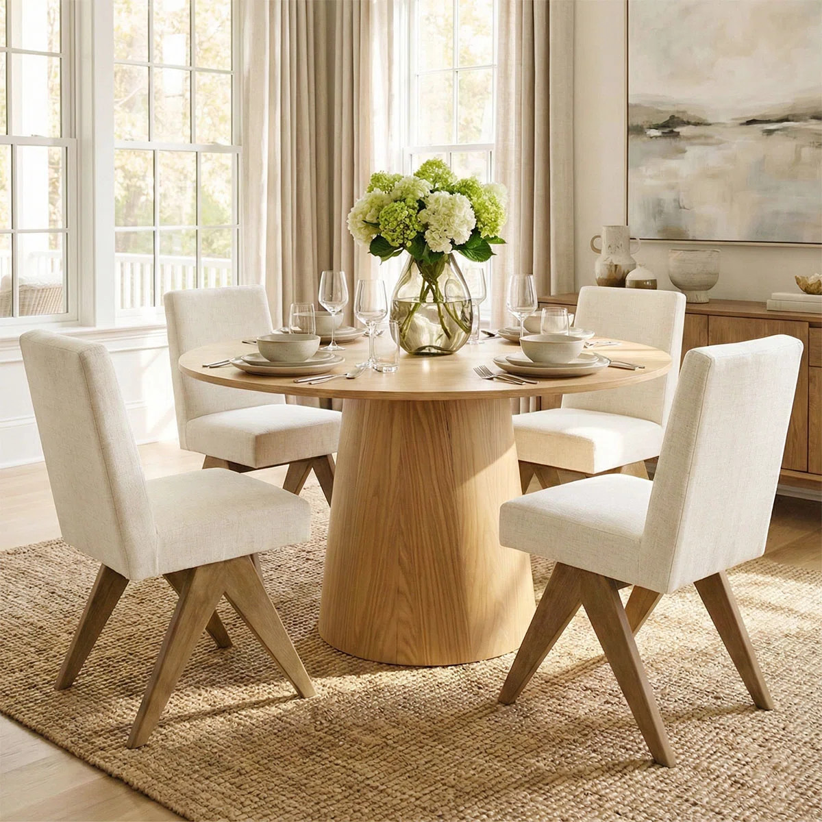 Gregg 4 - Person Dining Table Sets With 52'' Round Table & 4 Upholstered Solid Wood Chairs | Wayfair North America