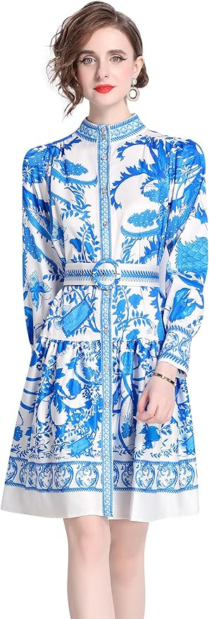 LAI MENG FIVE CATS Women's Floral Print Lantern Sleeve Button Casual A-line Mini Dress with Belt | Amazon (US)