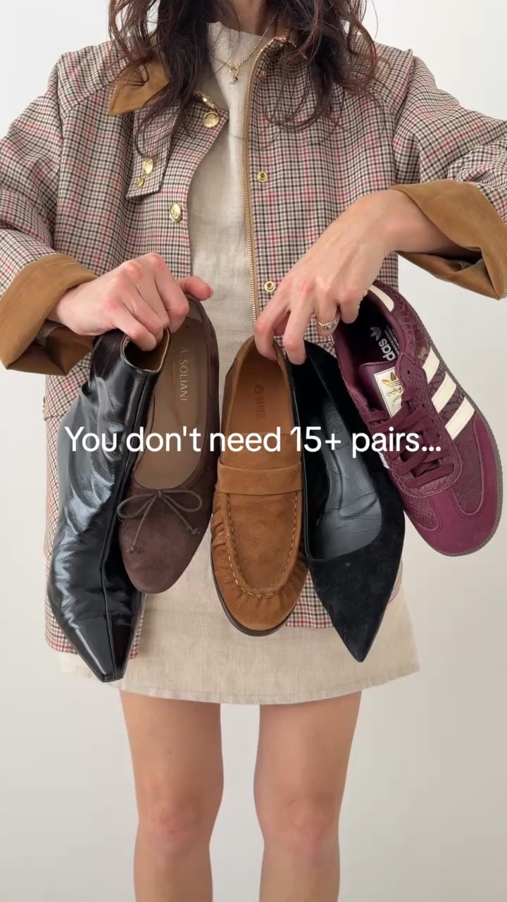 These are the only five pairs of shoes you need. 
Ballerinas I wear in EU40.5
Sneakers I wear in UK7.5
Loafers I wear in EU40
Heels I wear in EU41
Boots are old so similar linked