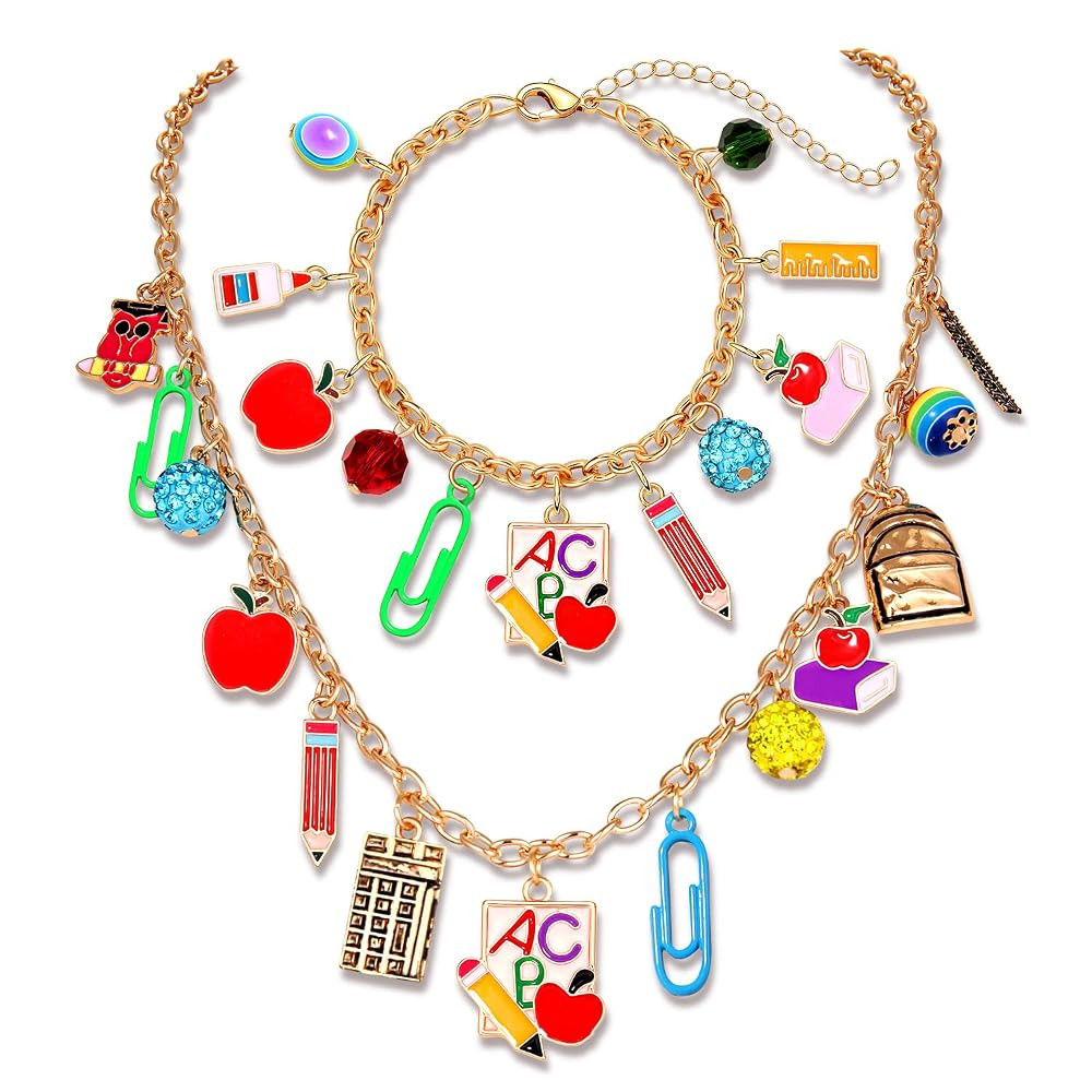 YAHPERN Teacher Necklace Earrings Bracelet for Women, Teacher Accessories, Cute Apple Pencil Book... | Amazon (US)