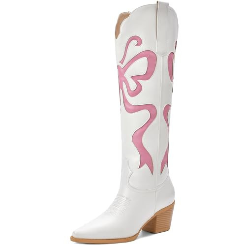 OAKUMSAS White Cowboy Boots, Cow Girl Boots, Wide Calf Cowgirl Boot, Pink, Size 9.5 | Amazon (US)