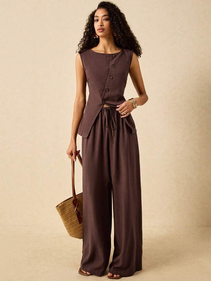 Poéselle 2pcs Women Solid Color Front Button Sleeveless Top And Pants Set | SHEIN