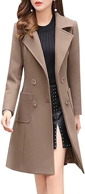 Bankeng Women Winter Wool Blend Camel Mid-Long Coat Notch Double-Breasted Lapel Jacket Outwear | Amazon (US)