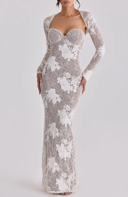 HOUSE OF CB Lucienne Lace Corset Strapless Gown & Bolero Set in Ivory at Nordstrom, Size Small | Nordstrom