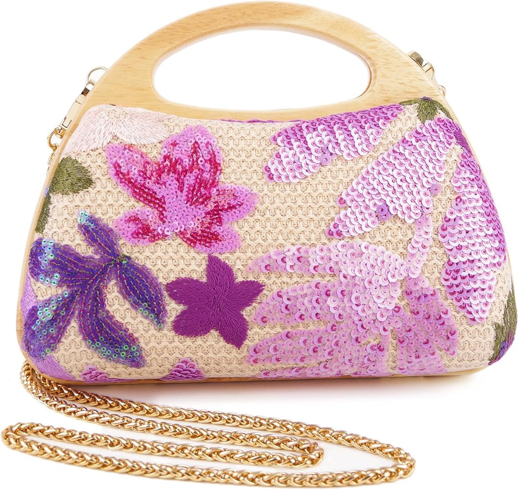 Women Straw Sequin Embroidered Flower Evening Handbag Clutch Purse Wooden Handle for Beach Holida... | Amazon (US)