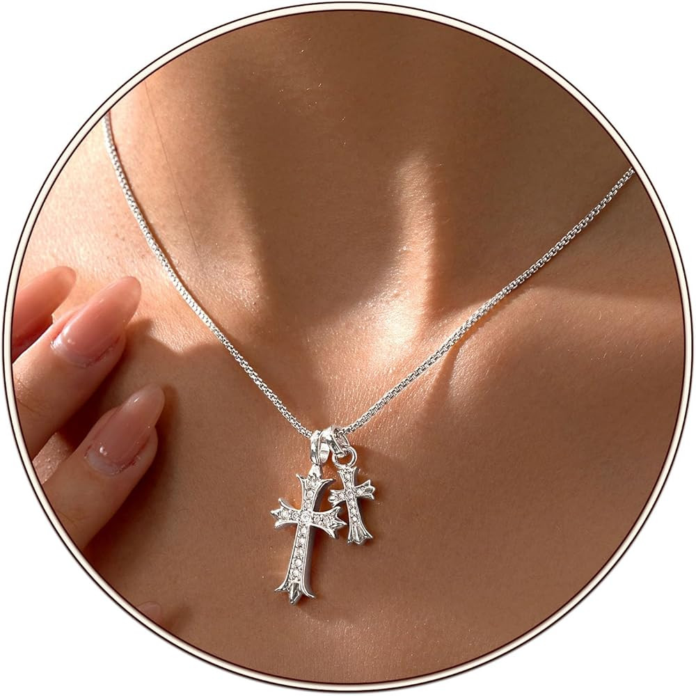 Amazon.com: Partm Double Cross Necklace for Women 925 Silver Plated Dainty Cross Pendant Choker T... | Amazon (US)