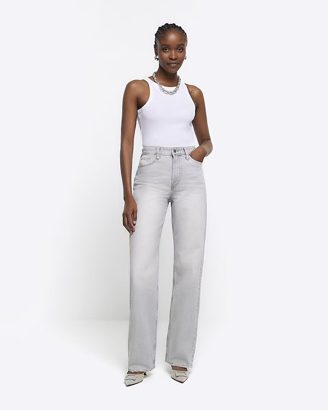 Grey high waist straight faded jeans | River Island (UK & IE)
