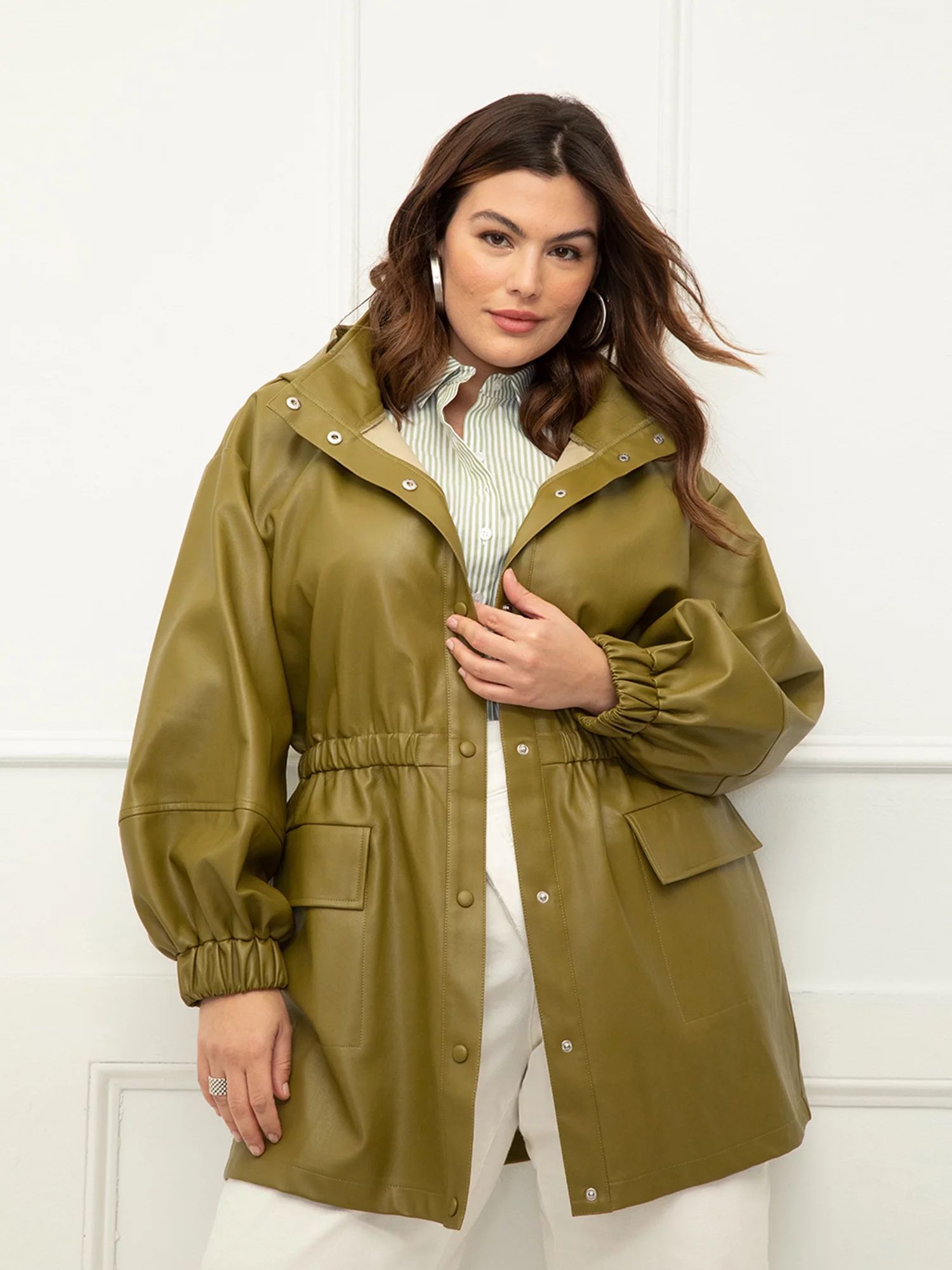ELOQUII Elements Women's Plus Size Puff Sleeve Faux Leather Utility Jacket - Walmart.com | Walmart (US)