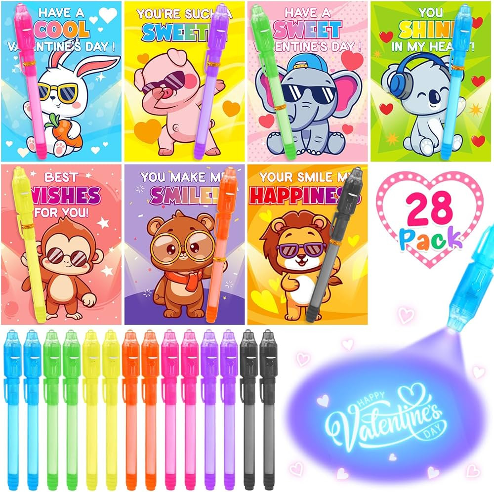 28 Pack Valentines Invisible Ink Pens with Greeting Cards, Valentines Day Gifts for Kids Classroo... | Amazon (US)