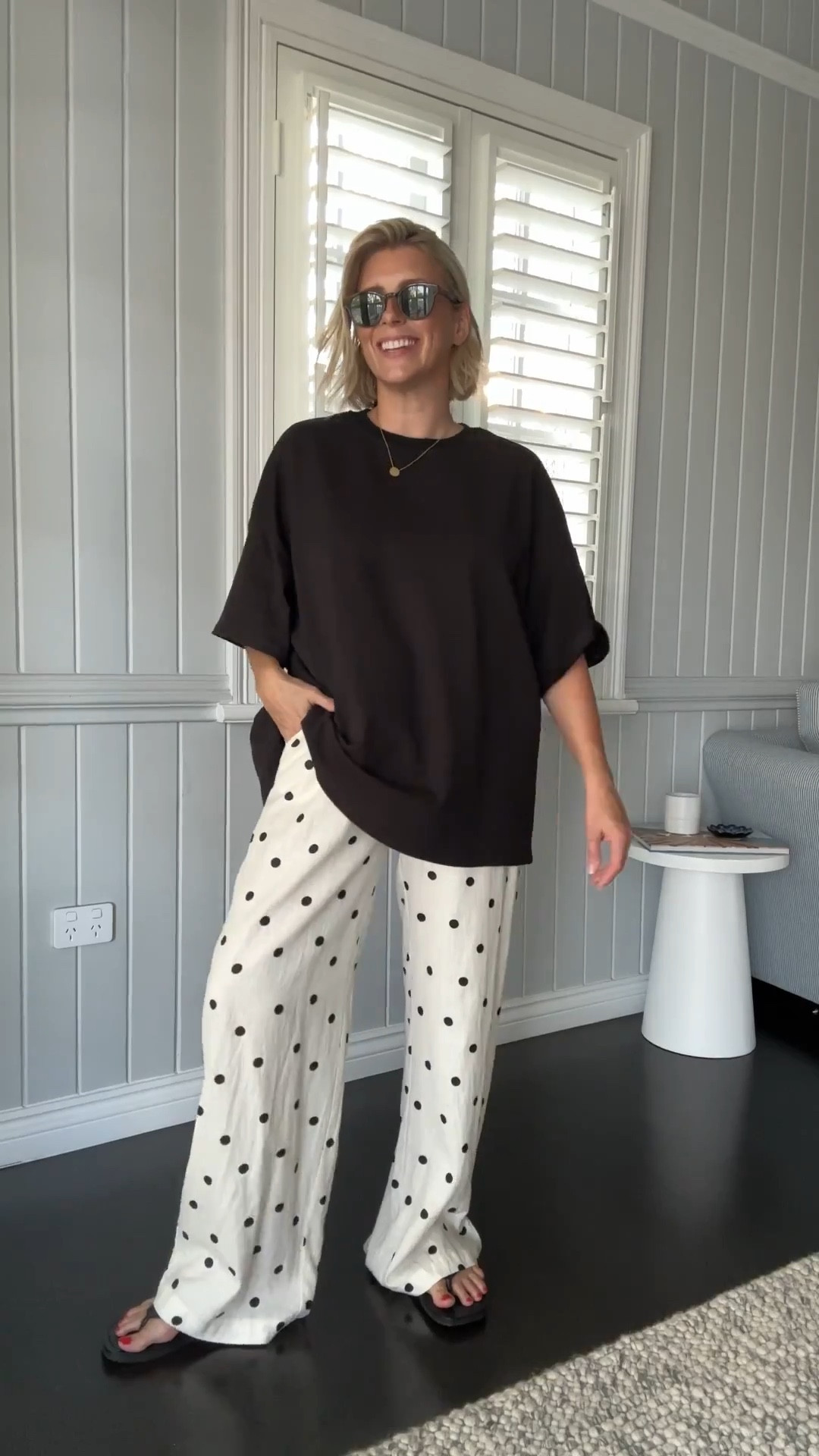 Polka dot wide leg linen pants paired back with an oversized tee for a casual weekend look. 

Tee: S (I’d go down another size next time) 
Pants: 10 

#LTKaustralia #LTKsummer