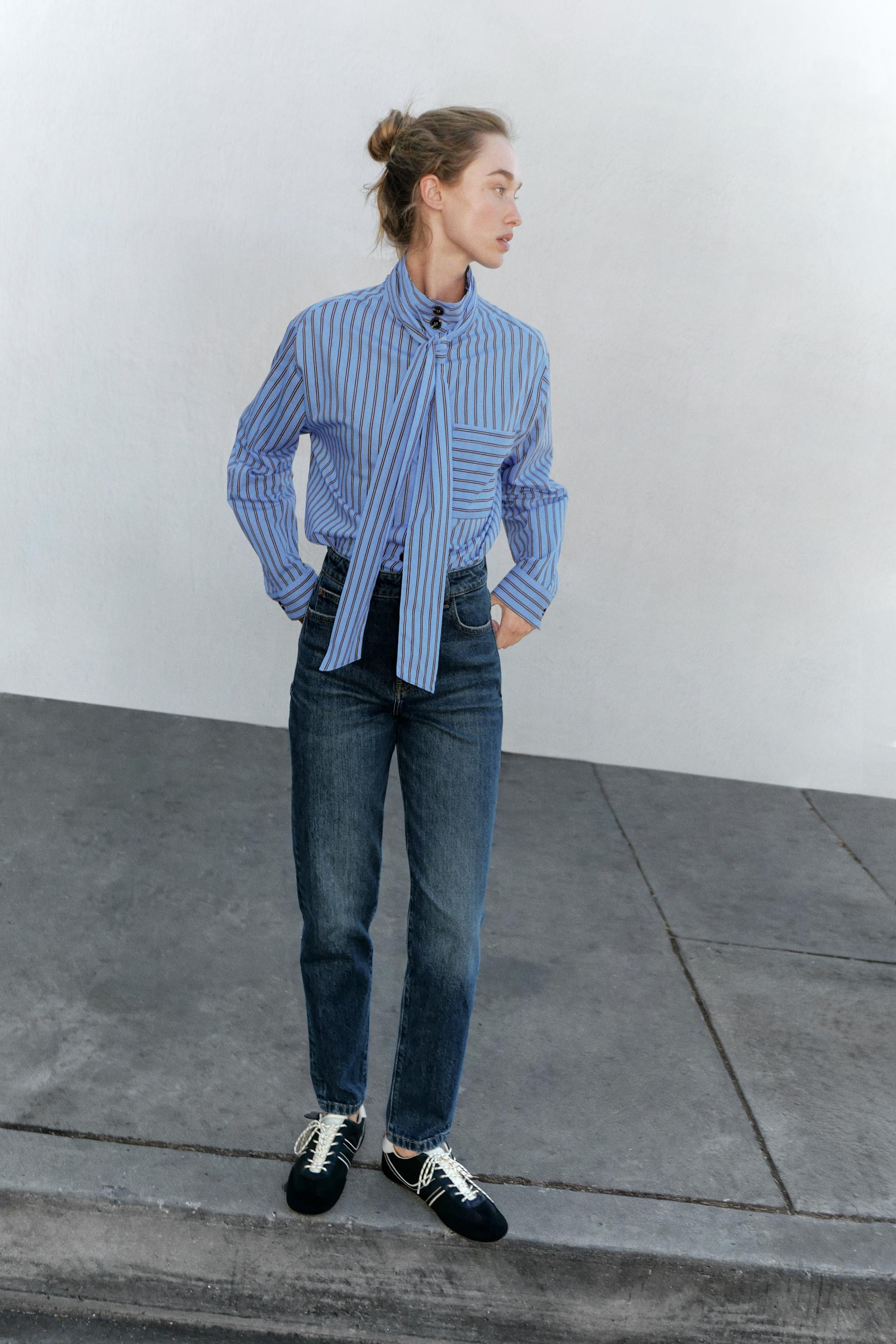 Zara - Striped Tie-Detail Shirt - Brown-Blue - M - Woman | Zara US