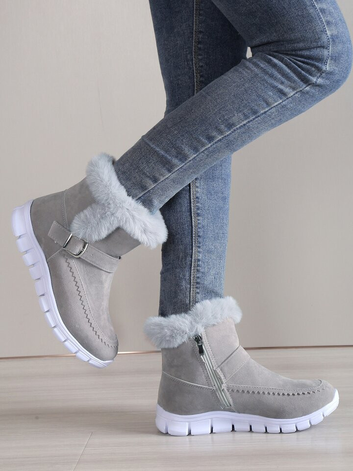 Buckle Decor Zipper Side Teddy Lined Shoes For Women, Winter Thermal Insulated Snow Boots | SHEIN