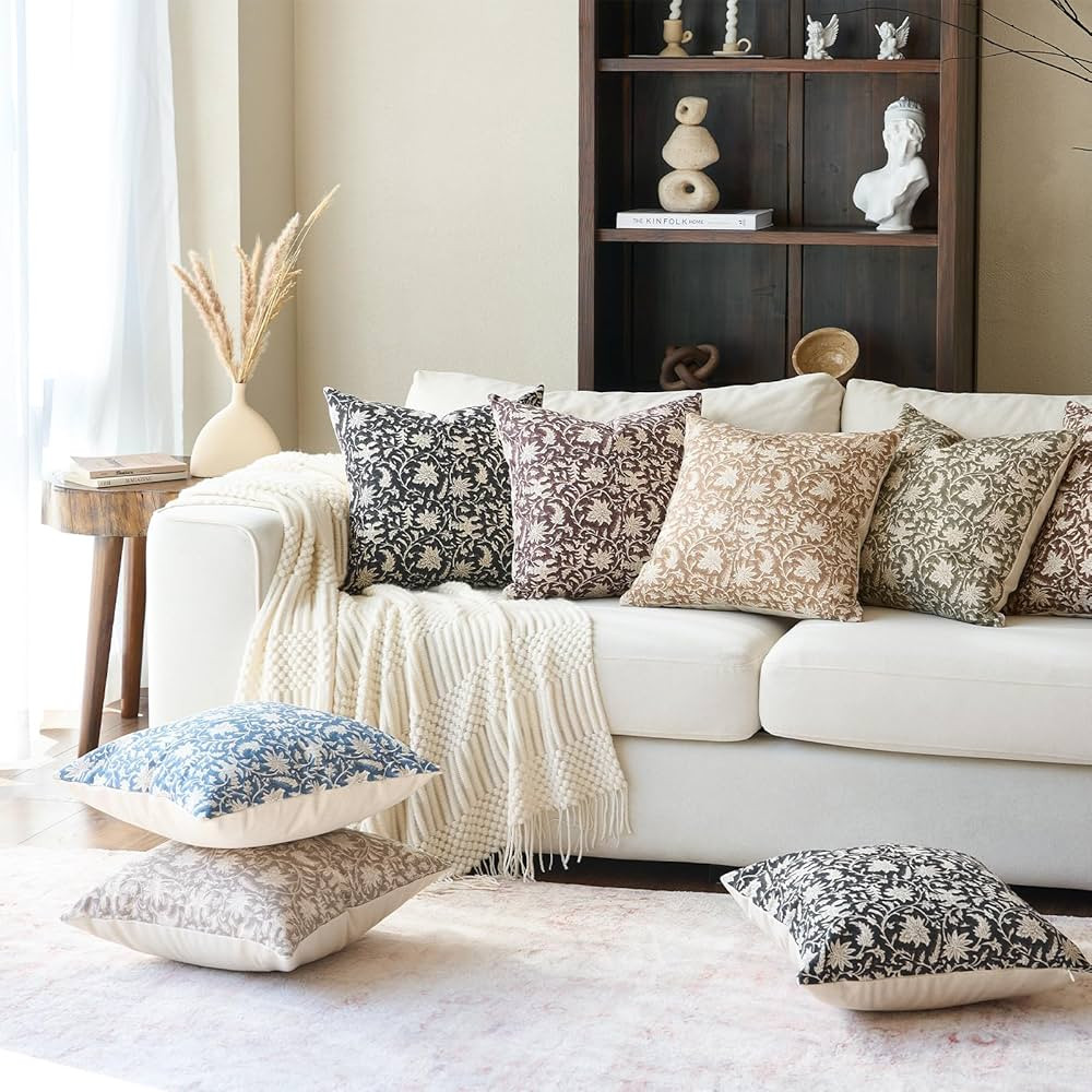 Floral Throw Pillow Covers 18x18 Farmhouse Block Print Pillow Covers Decorative Pillow Covers Cou... | Amazon (US)