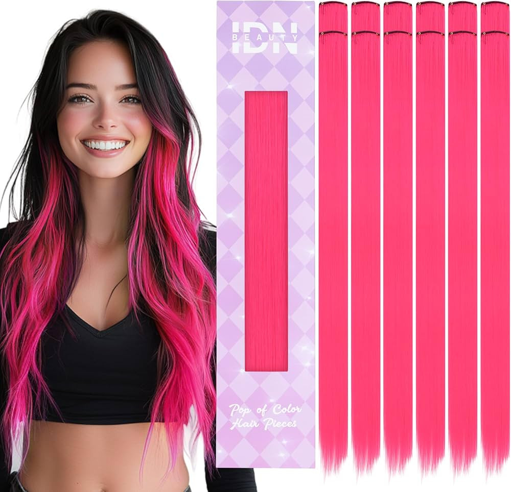 IDN BEAUTY Colored Clip in Hair Extension, 12PCS Hot Pink 24Inch Invisible Clip Straight Syntheti... | Amazon (US)