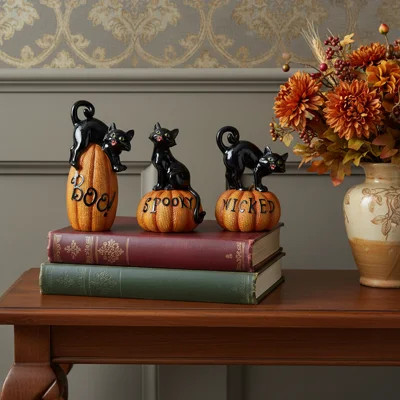 Set of Three Black And Orange Polyresin Halloween Black Cat Figurines | Wayfair North America