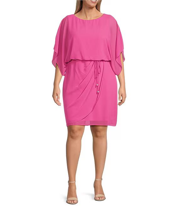 Jessica Howard Plus Size 3/4 Sleeve Boat Neck Overlay Skirt Tie Waist Chiffon Blouson Dress | Dil... | Dillard's