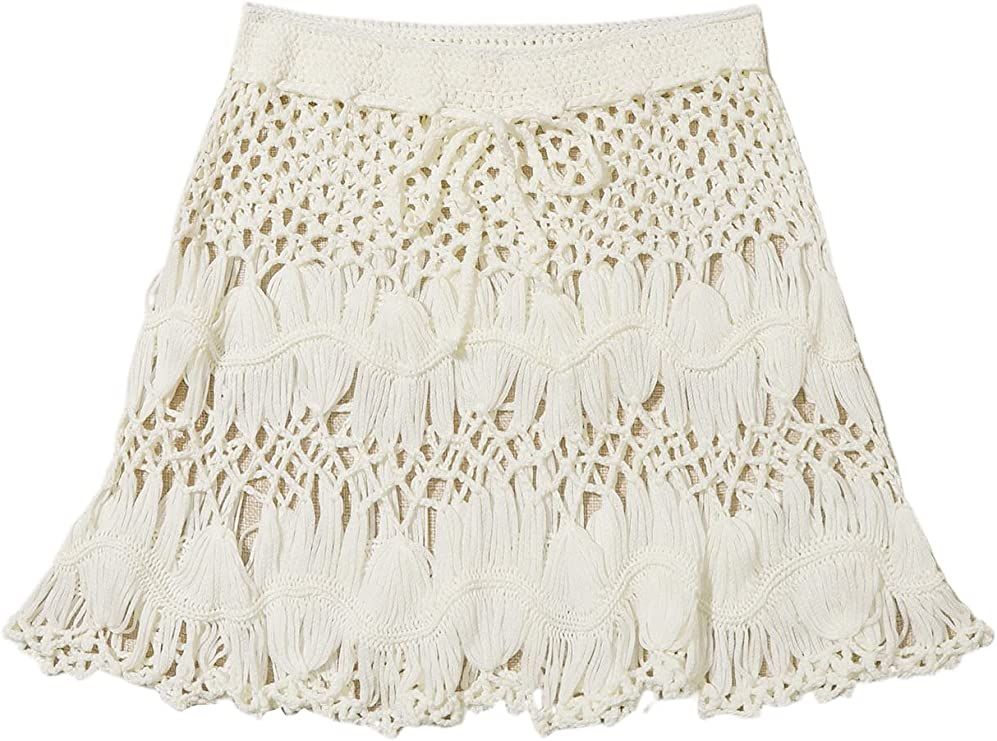 MakeMeChic Women's Crochet Drawstring Knitted High Waisted Swimsuit Mini Cover Up Beach Skirt | Amazon (US)