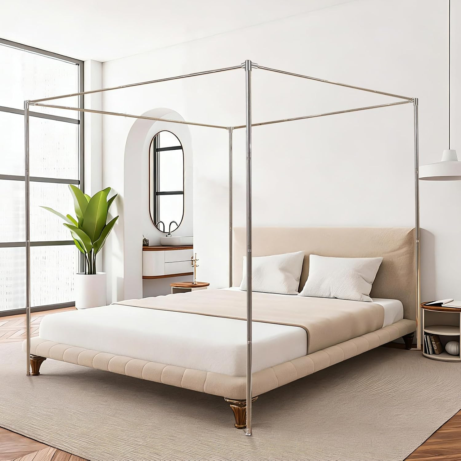 Canopy Bed Frame King Size, Stainless Steel Metal Bed Post Poles, Heavy Duty 4 Poster Floor Bedframe, Freestanding Easy Assemble | Amazon (US)
