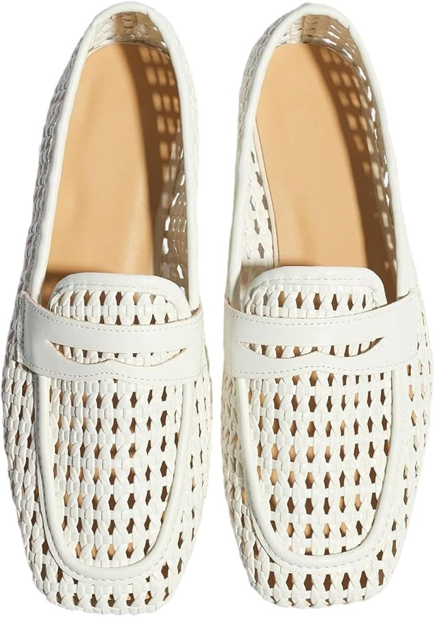 OYOANGLE Women's Summer Hollow Out Woven Ballet Flats Closed Square Toe Slip On Casual Flat Loafe... | Amazon (US)