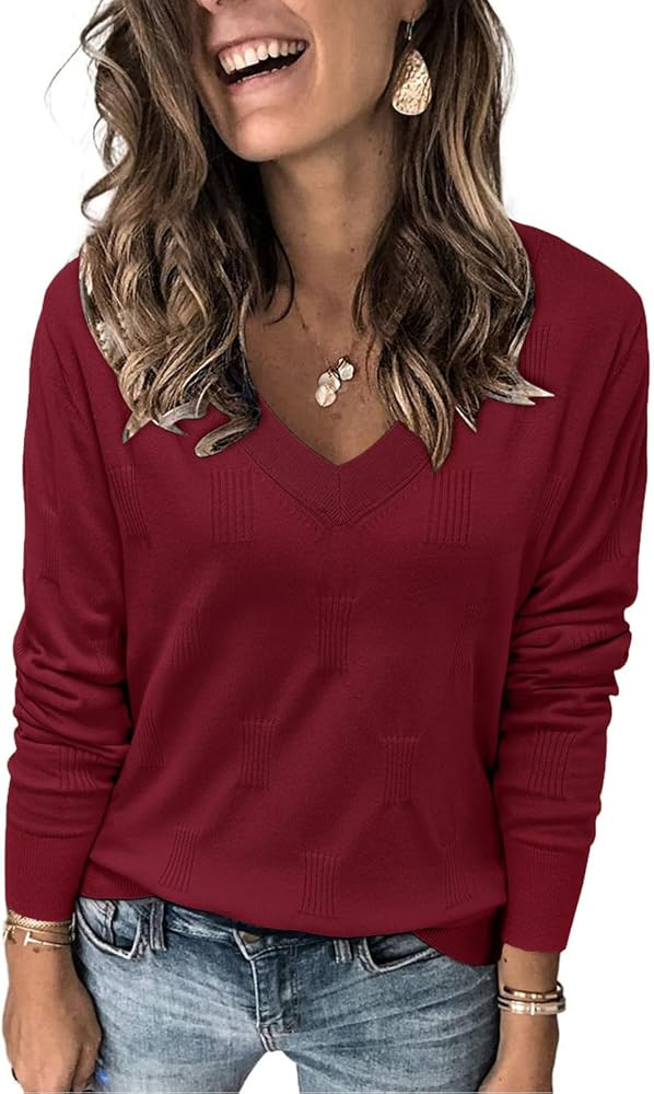 Arach&Cloz Womens Fall Tops 2024 Fashion V Neck Long Sleeve Shirts Blouse Knit Casual Pullover Sw... | Amazon (US)