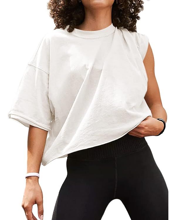 Women's Oversize Workout Crop Tops Short Sleeve Crewneck Drop Shoulder Boxy T Shirts Summer Casua... | Amazon (US)