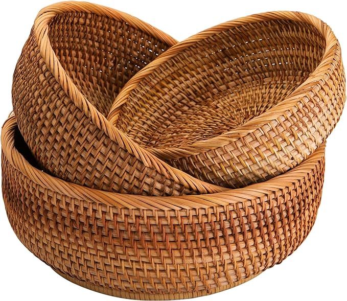Jucoan 3 Pack Natural Wicker Fruits Bread Baskets, Vintage Round Food Serving Baskets, Handmade R... | Amazon (US)