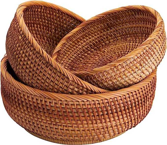 Jucoan 3 Pack Natural Wicker Fruits Bread Baskets, Vintage Round Food Serving Baskets, Handmade R... | Amazon (US)