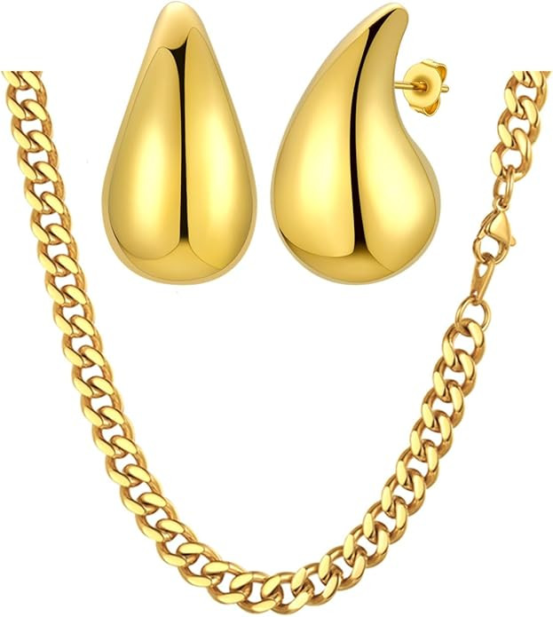 FindChic 18K Gold Plated Thick 7MM Link Chains for Men and Teardrop Earrings for Women Trendy Gol... | Amazon (US)