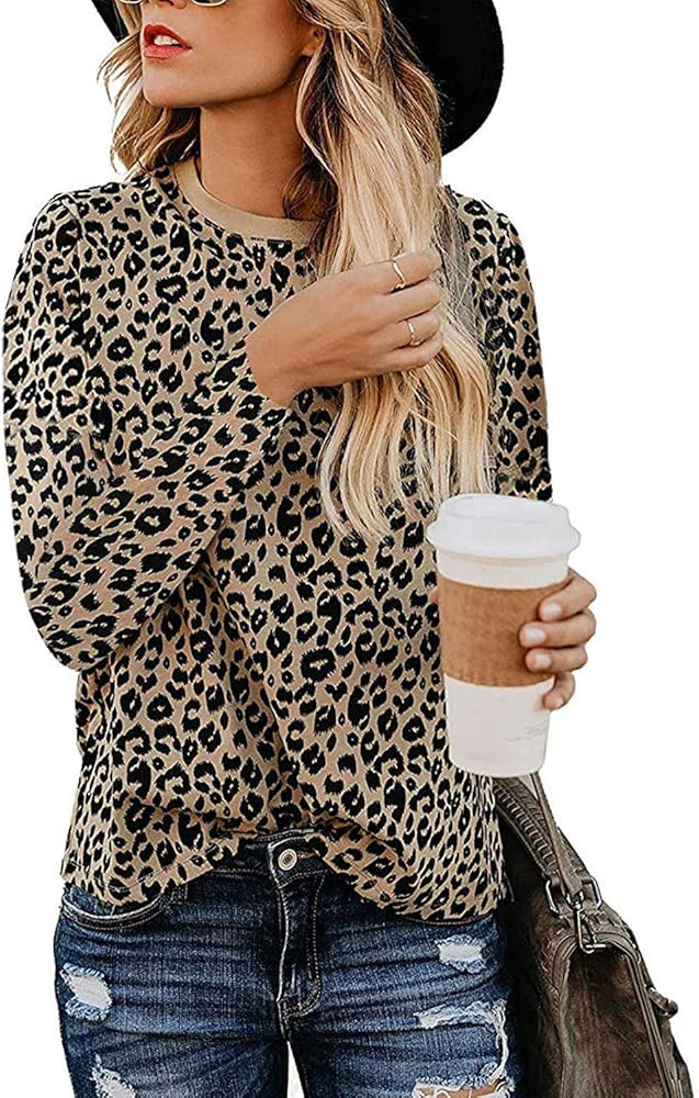 Women's Casual Tops Leopard Print T-Shirt Basic with Crewneck Long Sleeve Soft Stretchy Blouse | Amazon (US)