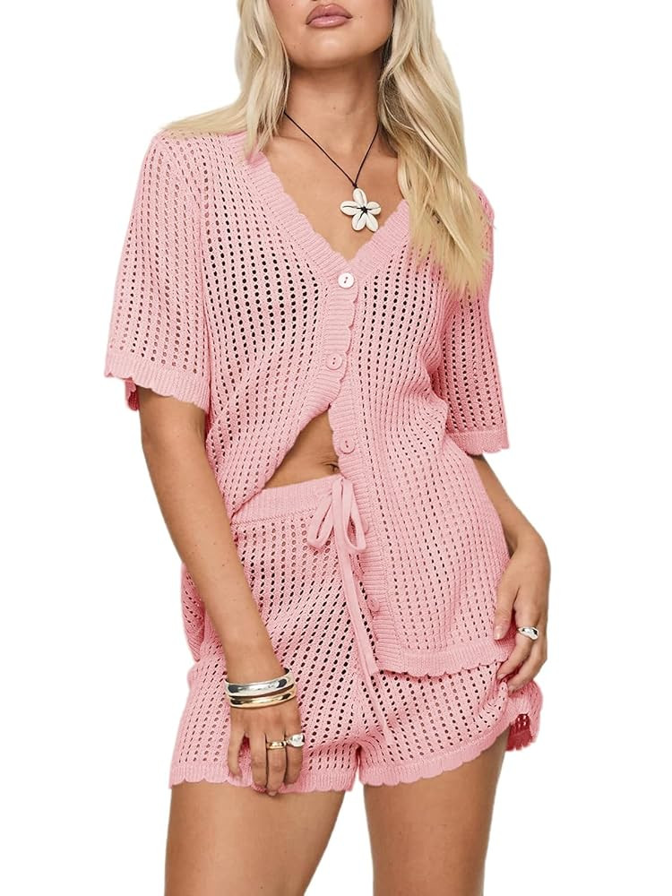 Saodimallsu Womens Crochet Swimsuit Coverup Sets Short Sleeve V Neck Button Tops Drawstring Short... | Amazon (US)