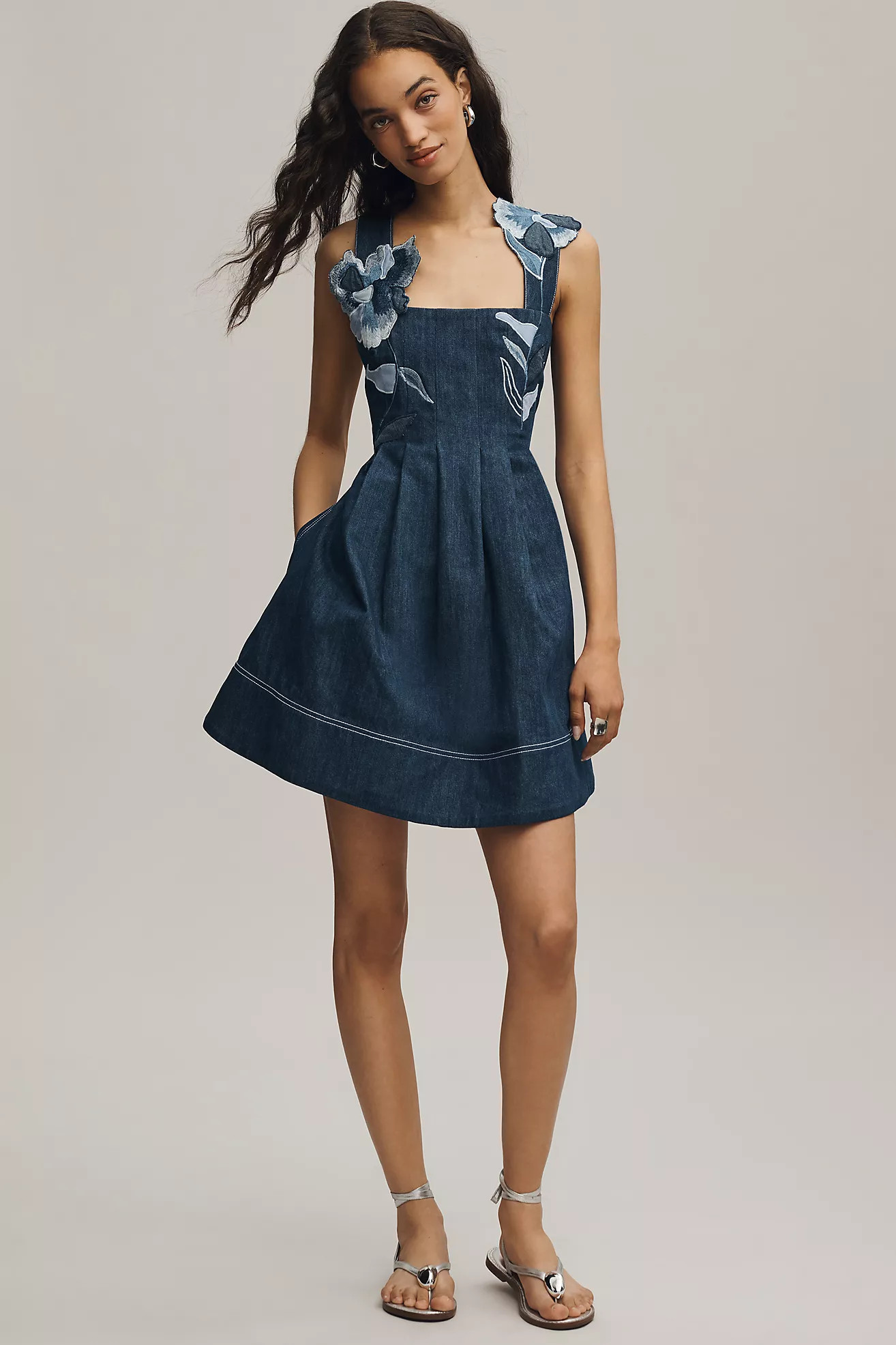 Maeve Denim Embroidered Fit & Flare Mini Dress | Anthropologie (US)