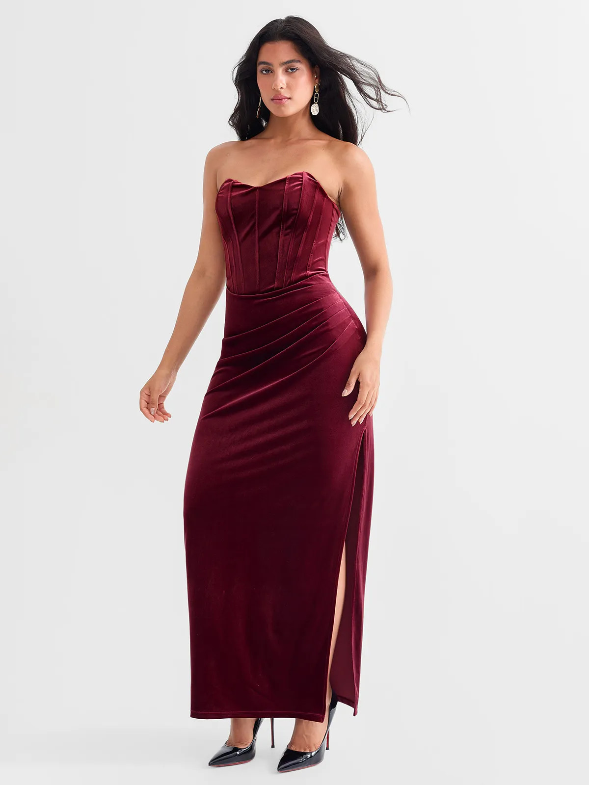 Strapless Velvet Ruched Sculpting Corset Gown | Popilush