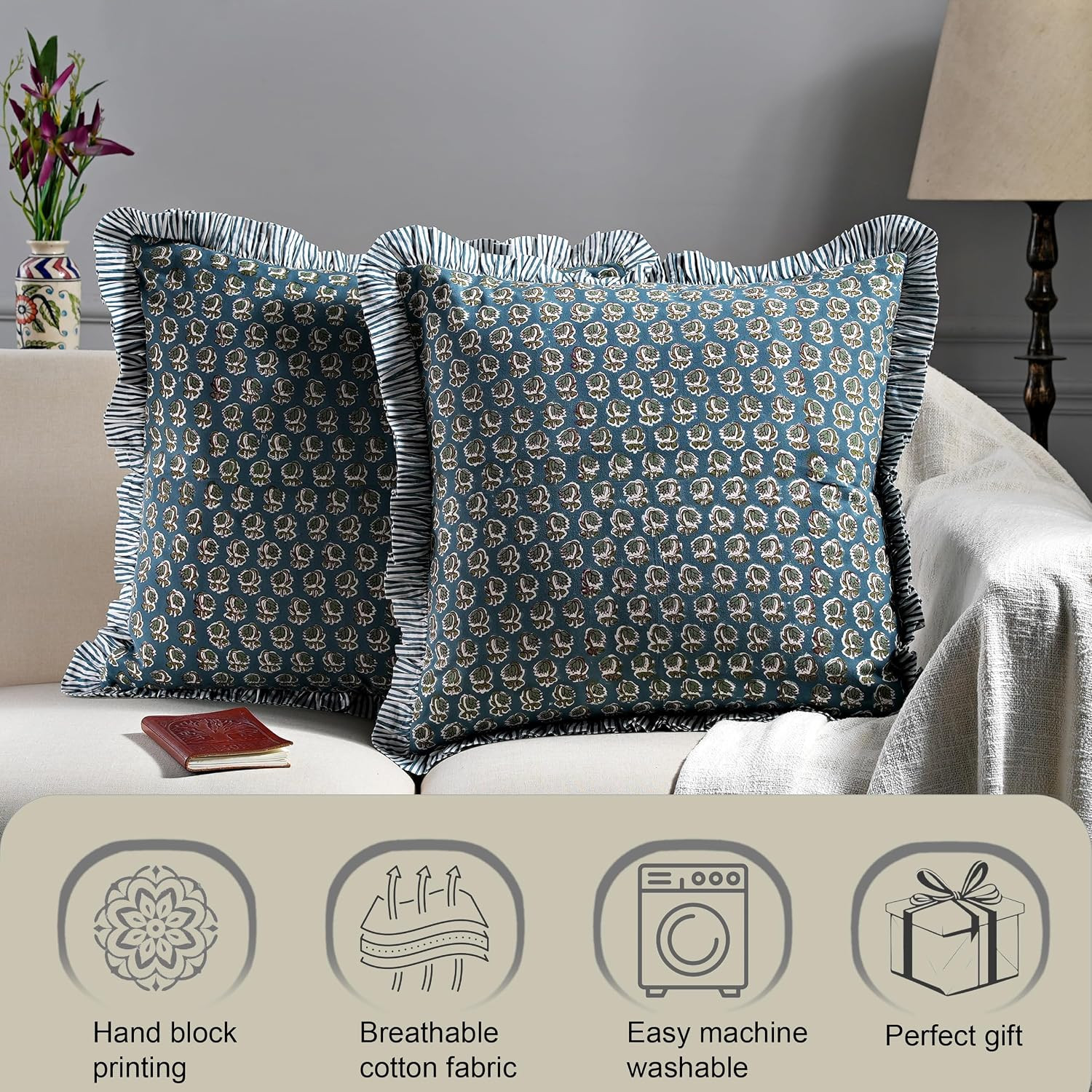 Ridhi Block Print Peacock Blue Throw Pillow Cover 20" x 20" (Pack of 2) Decorative Cushion Covers... | Amazon (US)