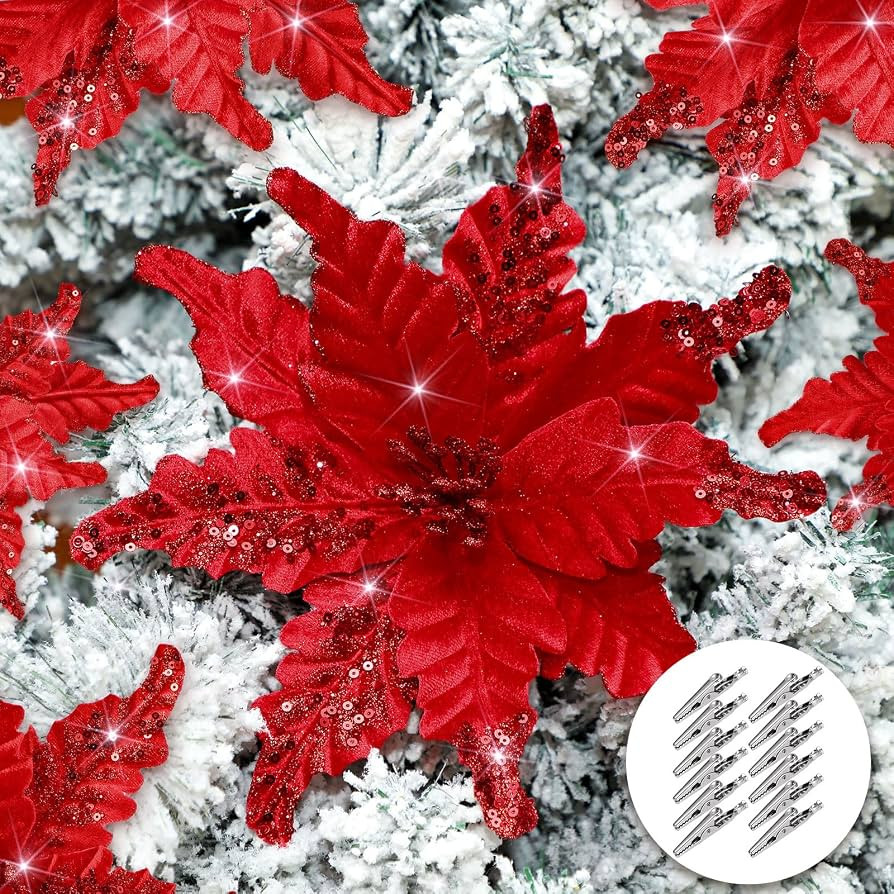 12 Pcs Christmas Glitter Fabric Poinsettia 10 Inch Artificial Xmas Flower with Clips Large Head C... | Amazon (US)