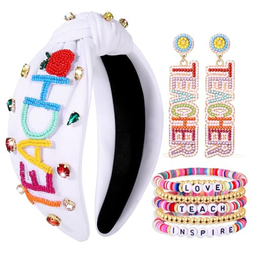 Teacher Accessories for Women Teacher Headbands School Pencil Headbands Hair Claw Clips Teacher Earrings Heishi Bracelets Back To School Teacher Jewelry Outfits Teacher Application Gifts | Amazon (US)