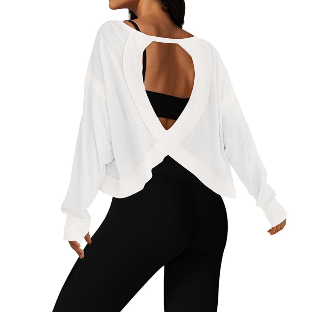 UNIANKIYA Open Back Workout Tops for Women Long Sleeve Cropped Athletic Clothes Gym Running Yoga ... | Amazon (US)