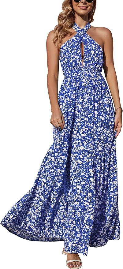 ECOWISH Womens Halter Dresses Summer Gingham A Line Backless Flowy Casual Maxi Dress | Amazon (US)