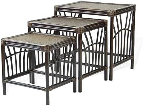 Natural Rattan Wicker Handmade Set of 3-pc Jack End Coffee Nesting Tables, Dark Brown | Amazon (US)