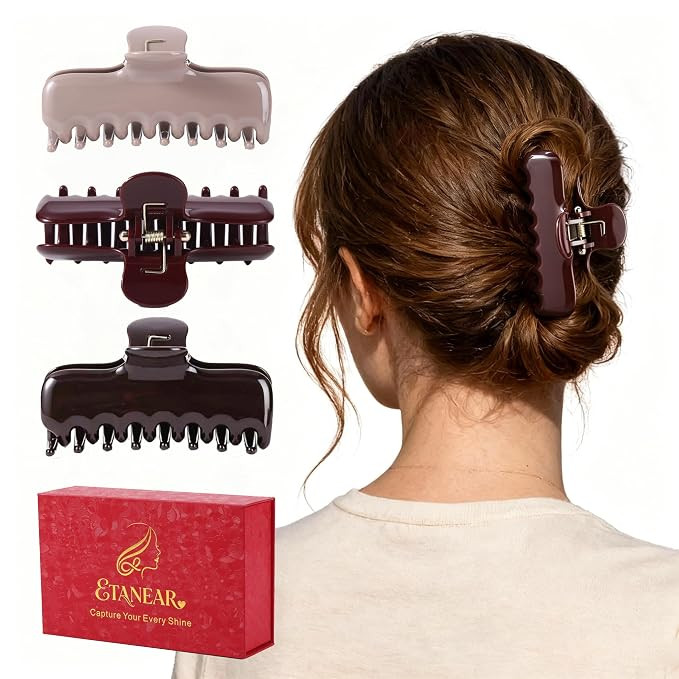 3Pcs Rectangle Hair Claw Clips for Women, 3.8" Premium PC Material Non-Slip Strong Hold Hair Claw... | Amazon (US)