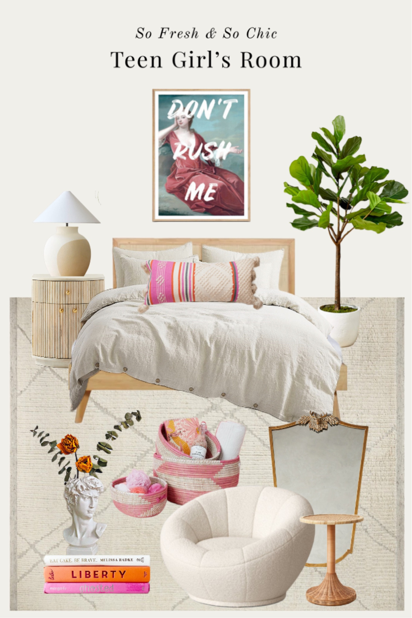Teen girls bedroom inspiration!
-
Urban Outfitters - Etsy - CB2 - West Elm - Amber Lewis Loloi - Anthropologie - Greek bust vase - dried eucalyptus stems - altered portrait art - vintage art - affordable wall art - cane bed - beige linen bedding - faux fiddle leaf tree - Mara Hoffman - neutral table lamp - boho throw pillow - pink and beige bedroom - boucle swivel chair - curved nightstand - teen room decor - modern teen room - dorm room decor - colorful teen room design - neutral bedroom decor - Target - woven side table 

#LTKhome #LTKkids #LTKsalealert