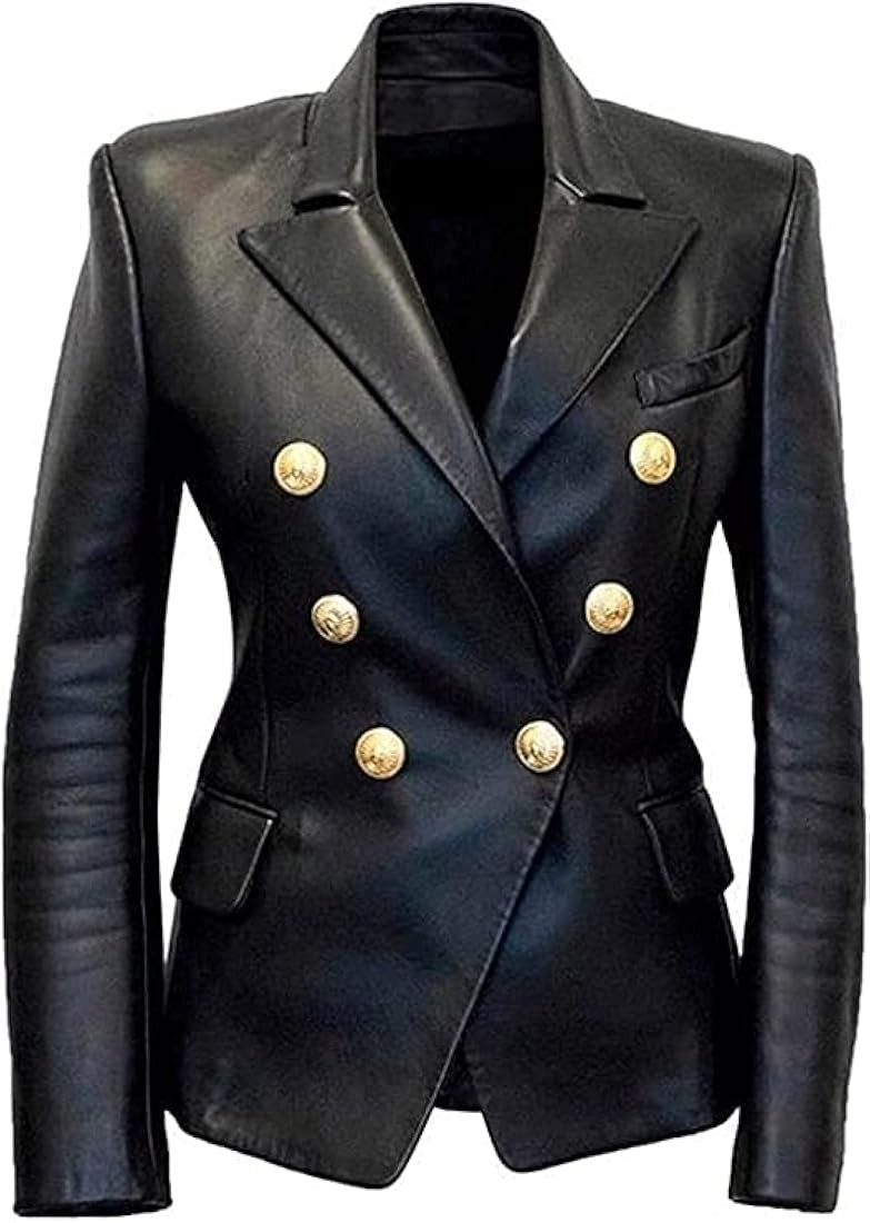 Women Double Breasted Fancy Buttons Sheepskin Leather Blazer - Kim Kardashian Long Sleeve Style C... | Amazon (US)