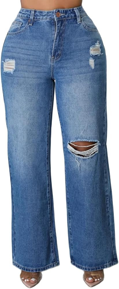 Women's Casual Stretchy Ripped Straight Denim Pants Distressed Wide Leg Jeans | Amazon (US)